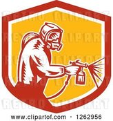 Vector Clip Art of Retro Woodcut Painter Using a Spray Gun in a Red White and Yellow Shield by Patrimonio