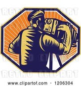 Vector Clip Art of Retro Woodcut Photographer Using a Bellows Camera in an Octagon of Sunshine by Patrimonio