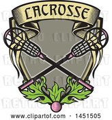 Vector Clip Art of Retro Woodcut Pink Ball and Pink Handled Lacrosse Sticks with a Banner and Leaves by Patrimonio