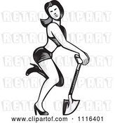 Vector Clip Art of Retro Woodcut Pinup Lady Kicking a Leg Back and Posing with a Shovel by Patrimonio