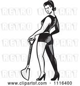 Vector Clip Art of Retro Woodcut Pinup Lady Standing with a Shovel by Patrimonio
