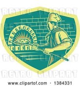 Vector Clip Art of Retro Woodcut Pizza Chef Holding a Peel with a Pie in Front of a Brick Oven by Patrimonio