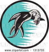 Vector Clip Art of Retro Woodcut Pliosaur Dinosaur Swimming in a Black, White and Turquoise Circle by Patrimonio