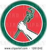 Vector Clip Art of Retro Woodcut Plumber Hand Holding a Monkey Wrench in a Green White and Red Circle by Patrimonio