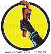 Vector Clip Art of Retro Woodcut Plumbers Hand Holding up a Monkey Wrench in a Black White and Yellow Circle by Patrimonio