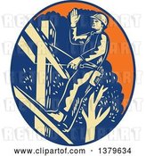 Vector Clip Art of Retro Woodcut Power Lineman Waving in an Orange Yellow and Blue Oval by Patrimonio