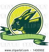 Vector Clip Art of Retro Woodcut Rabbit in a Sunrise Circle with a Green Banner by Patrimonio