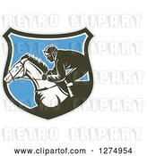 Vector Clip Art of Retro Woodcut Racing Jockey in a Gray Brown White and Blue Shield by Patrimonio