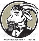 Vector Clip Art of Retro Woodcut Ram Goat in a Tuxedo, in a Black White and Taupe Circle by Patrimonio