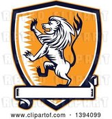 Vector Clip Art of Retro Woodcut Rampant Lion in a Black White and Orange Shield with a Banner by Patrimonio