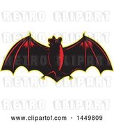 Vector Clip Art of Retro Woodcut Red and Black Flying Bat with a Yellow Outline by Patrimonio
