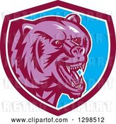 Vector Clip Art of Retro Woodcut Red Eyed Purple Vicious Grizzly Bear in a Maroon White and Blue Shield by Patrimonio