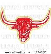 Vector Clip Art of Retro Woodcut Red White and Yellow Longhorn Bull with Its Tongue Hanging out by Patrimonio
