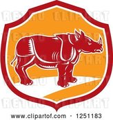 Vector Clip Art of Retro Woodcut Rhino in a Red and Orange Shield by Patrimonio
