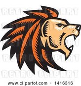 Vector Clip Art of Retro Woodcut Roaring Male Lion Head in Profile by Patrimonio