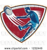 Vector Clip Art of Retro Woodcut Rugby Player Kicking on a Red Shield by Patrimonio