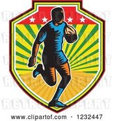 Vector Clip Art of Retro Woodcut Rugby Player Running in a Sunny Shield by Patrimonio