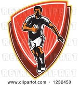 Vector Clip Art of Retro Woodcut Rugby Player Running over a Red Shield by Patrimonio