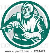 Vector Clip Art of Retro Woodcut Sandblaster Worker in a Green White and Gray Circle by Patrimonio