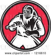 Vector Clip Art of Retro Woodcut Sandblaster Worker in a Red Circle by Patrimonio