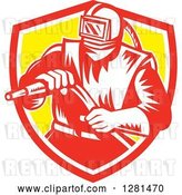 Vector Clip Art of Retro Woodcut Sandblaster Worker in a Red White and Yellow Shield by Patrimonio