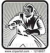 Vector Clip Art of Retro Woodcut Sandblaster Worker in a Square of Rays by Patrimonio