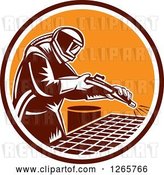 Vector Clip Art of Retro Woodcut Sandblaster Working in a Marroon White and Orange Circle by Patrimonio