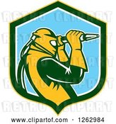 Vector Clip Art of Retro Woodcut Sandblaster Working in a Yellow Green White and Blue Shield by Patrimonio