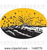 Vector Clip Art of Retro Woodcut Scene of an Erupting Volcano in an Oval by Patrimonio