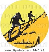 Vector Clip Art of Retro Woodcut Scene of Hikers Climbing a Trail by Patrimonio
