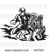 Vector Clip Art of Retro Woodcut Scene of Samoan Tiitii Wrestling the God of Earthquake and Breaking His Arm by Patrimonio