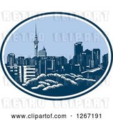 Vector Clip Art of Retro Woodcut Scene of the Auckland City Skyline with the Sky Tower in New Zealand by Patrimonio
