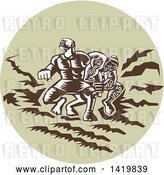 Vector Clip Art of Retro Woodcut Scene of the Samoan Legend Tiitii Wrestling the God of Earthquake and Breaking His Arm in a Green Circle by Patrimonio
