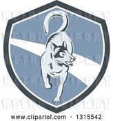 Vector Clip Art of Retro Woodcut Siberian Husky Dog Running in a Gray White and Blue Shield by Patrimonio