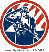 Vector Clip Art of Retro Woodcut Soldier Saluting and Holding a Gun Inside an American Circle by Patrimonio