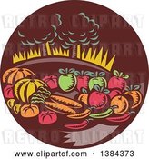 Vector Clip Art of Retro Woodcut Still Life of Harvest Vegetables and Fruit with Trees in a Brown Circle by Patrimonio