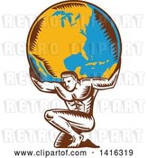 Vector Clip Art of Retro Woodcut Strong Guy, Atlas, Kneeling and Holding Earth on His Shoulders by Patrimonio