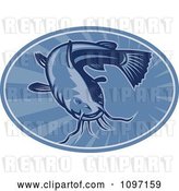 Vector Clip Art of Retro Woodcut Styled Blue Bullhead Catfish Oval by Patrimonio
