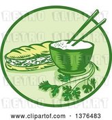 Vector Clip Art of Retro Woodcut Styled Meal of Banh Mi Rice and a Meat Sandwich in a Circle by Patrimonio