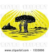 Vector Clip Art of Retro Woodcut Styled Scene of Adam and Eve by a Snake in an Apple Tree Under Sun Rays by Patrimonio