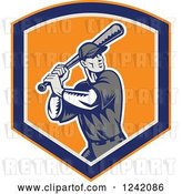 Vector Clip Art of Retro Woodcut Swinging Baseball Player Guy in a Shield by Patrimonio