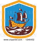 Vector Clip Art of Retro Woodcut Tall Galleon Ship at Sea in a Shield by Patrimonio