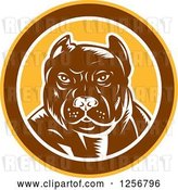 Vector Clip Art of Retro Woodcut Tough Pitbull Guard Dog in a Yellow Brown and White Circle by Patrimonio