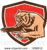 Vector Clip Art of Retro Woodcut Vicious Grizzly Bear Emerging from a Brown White and Red Shield by Patrimonio