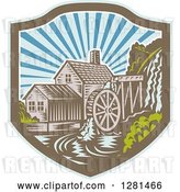 Vector Clip Art of Retro Woodcut Watermill House at Sunset in a Blue Brown and White Shield by Patrimonio