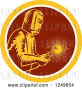 Vector Clip Art of Retro Woodcut Welder with a Torch in a Maroon and Yellow Circle by Patrimonio