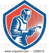 Vector Clip Art of Retro Woodcut Welder Worker in a Red Sunny Shield by Patrimonio