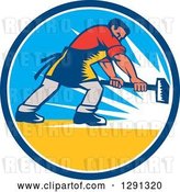 Vector Clip Art of Retro Woodcut White Blacksmith Worker Using a Sledgehammer in a Blue White and Yellow Circle by Patrimonio