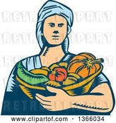 Vector Clip Art of Retro Woodcut White Female Farmer Holding a Basket of Harvest Vegetables by Patrimonio