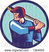 Vector Clip Art of Retro Woodcut White Male Baseball Player Athlete Batting in a Blue Circle by Patrimonio